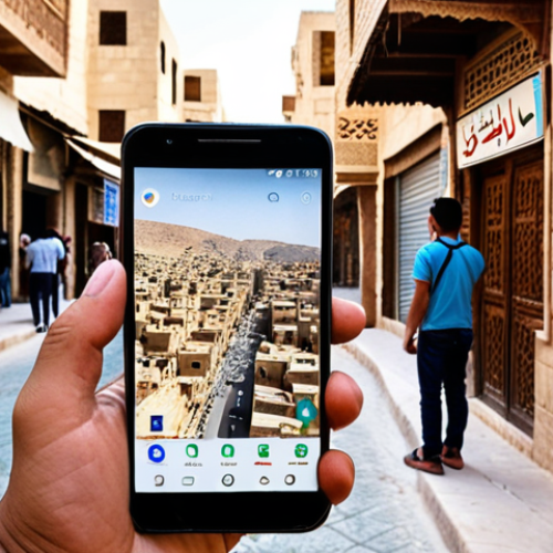 Home 4 ** A person using Google Maps on their smartphone while standing in a bustling Jordanian street, showcasing traditional architecture in the background. Focus on the user-friendly interface and how it integrates into the local environment.
**